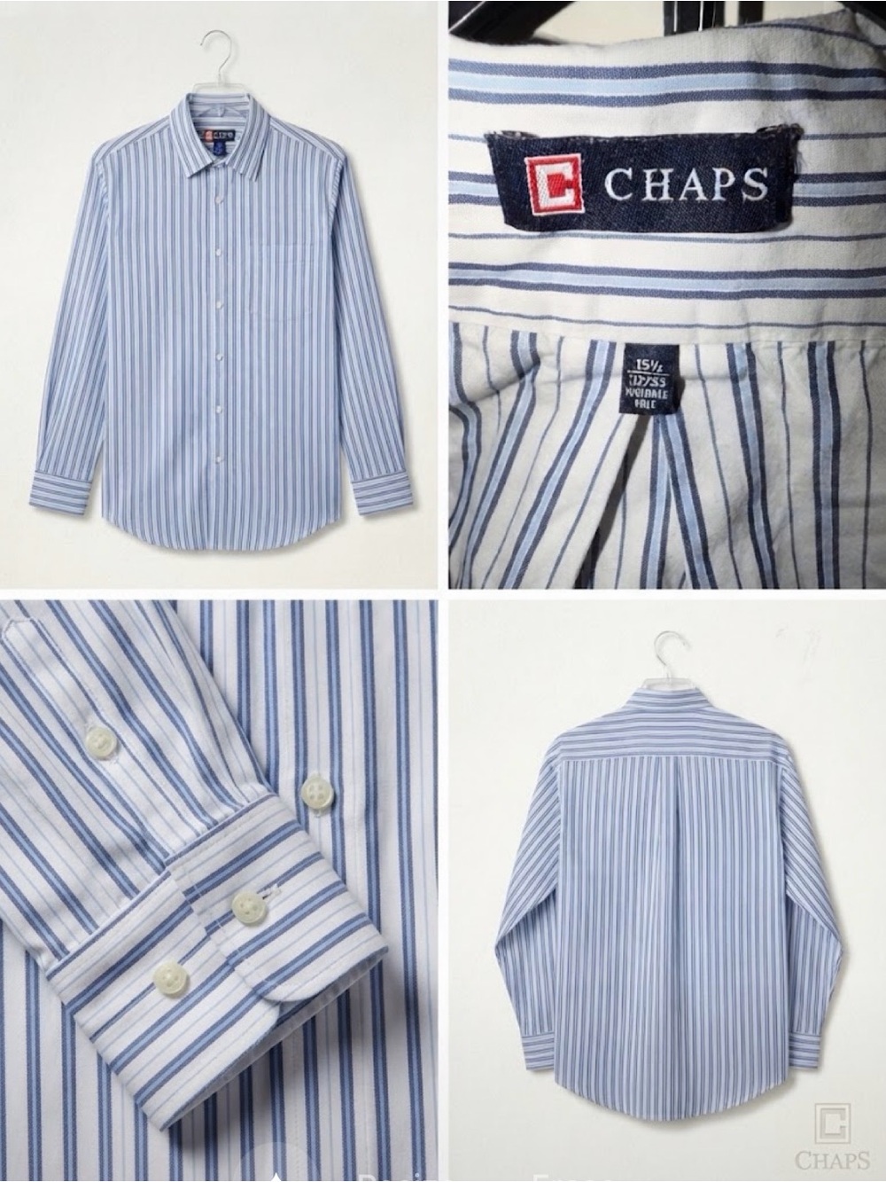 CHAPS Wrinkle-Free Blue & White Striped Button-Down Shirt - Size 15½ 32/33